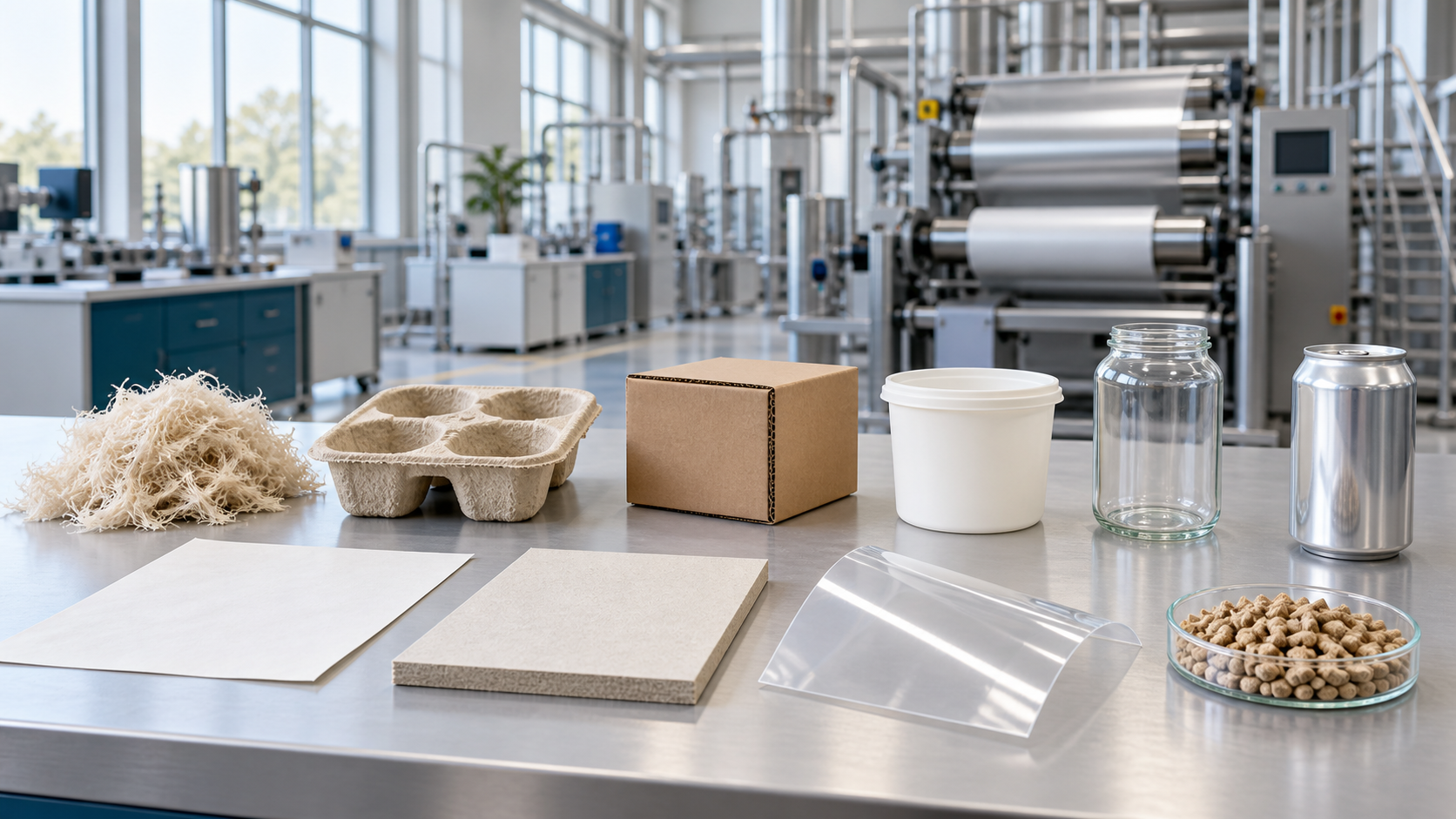 KI-generiertes Konzeptbild: Fasern, Papier, Pappe, eine Kartonverpackung, Kunststoffbehälter und Folie, Glas und Metall sowie biogene Granulate in einer hellen technischen Umgebung.